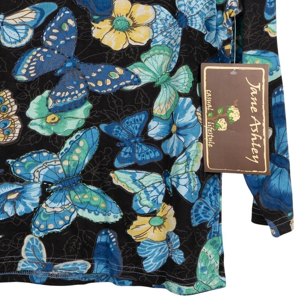 Butterfly VTG Beaded Shirt L Hippie Long Sleeve Cotton Blue Black Yellow Fairy - Picture 3 of 6